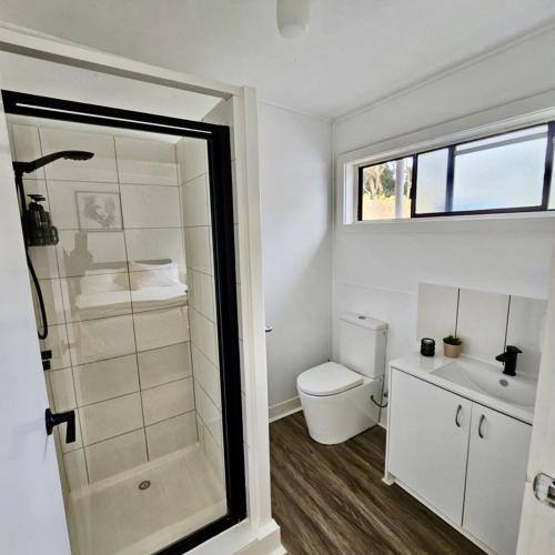 a bathroom with a shower and a toilet and a window at Prom Coast Apartments in Sandy Point