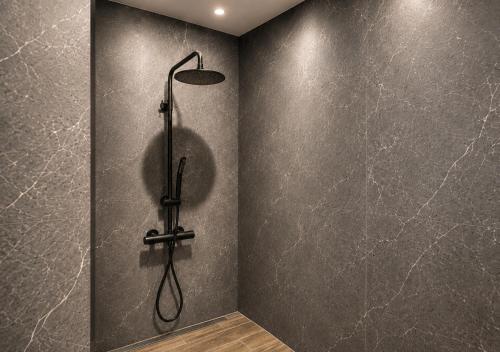 a shower in a bathroom with a black wall at Ermar Gästehaus in Baden-Baden