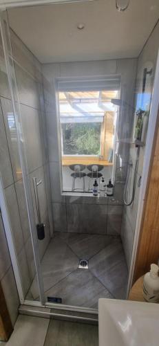 a bathroom with a shower with a table in it at Rameka Chalet in Takaka
