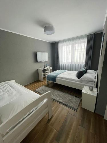 a bedroom with two beds and a window at Panorama Lake Resort in Bezidu Nou