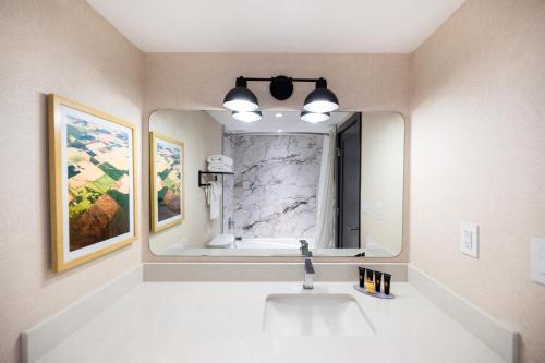 a bathroom with a sink and a large mirror at The Atlas° Hotel in Regina