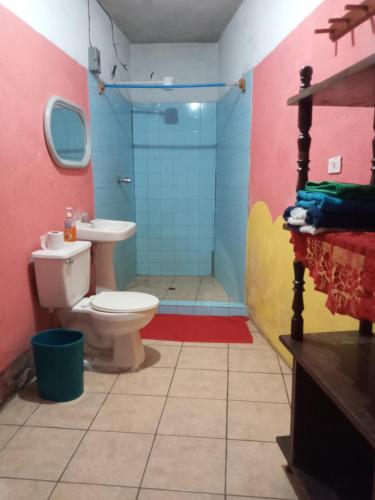a bathroom with a toilet and a shower at House the Cats in Panajachel