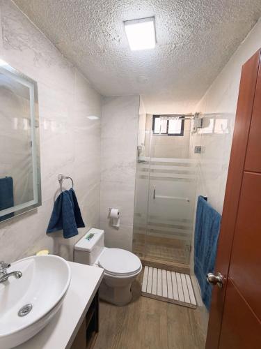 a bathroom with a shower and a toilet and a sink at Modern and cozy in Riobamba in Riobamba