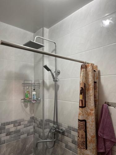 a bathroom with a shower with a shower curtain at Жилье на природе с бассейном in Tashkent