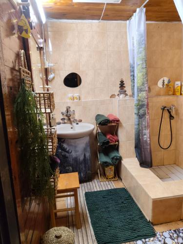 a bathroom with a sink and a shower at Lesní chata Hvězdička in Litoměřice