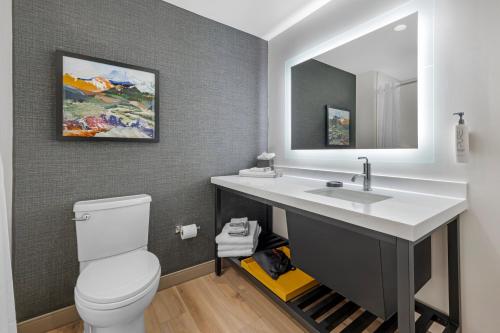 a bathroom with a sink and a toilet and a mirror at Cambria Hotel Bend - Mt Bachelor in Bend