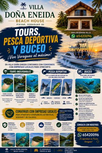 a flyer for a tour of a beach house and a boat at Doña Eneida Cabin in Soná