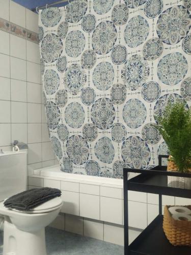 a bathroom with a toilet and a tile wall at Limnos IRiS Apartments in Agios Ioannis Kaspaka