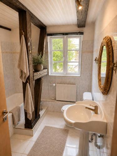 a bathroom with a sink and a toilet and a tub at Alte Faktorei Schierke in Schierke