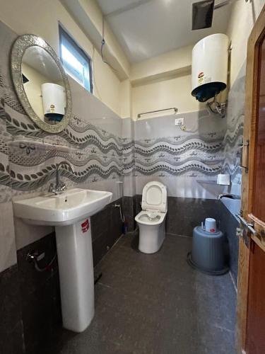 a bathroom with a sink and a toilet and a mirror at Man Mauji Villa in Kasol