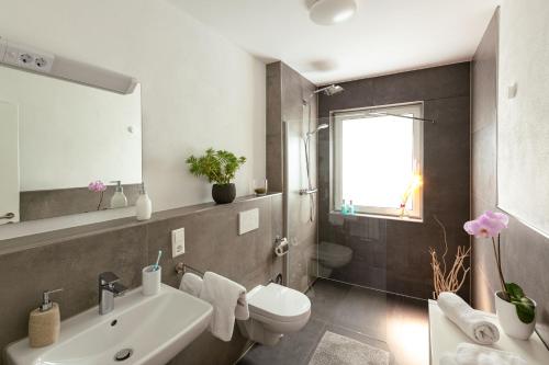 a bathroom with a sink and a toilet and a mirror at Ferienwohnung Burgblick Coraidelstein in Klotten