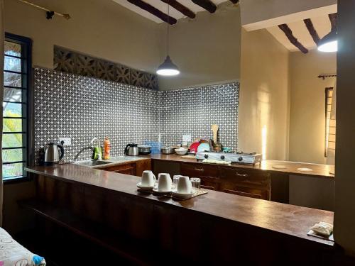a large kitchen with a counter top in a room at Tropinest bungalows & hostel in Nungwi