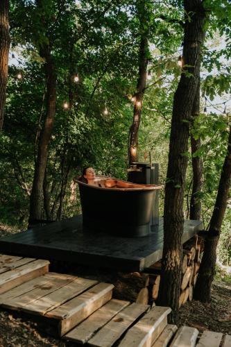 a bath tub sitting on a table in the woods at Feelmore Tiny House Karancsalja in Karancsalja