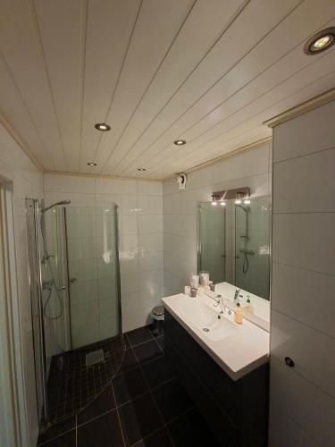 a bathroom with a sink and a shower at Koselig hus med flott utsikt in Vossevangen