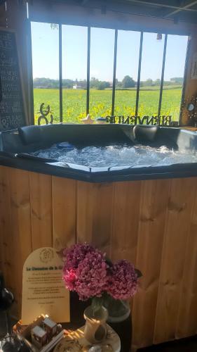 a bath tub with a vase of flowers and a window at Bulle insolite avec spa in Lavoncourt