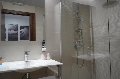 a bathroom with a shower and a sink and a toilet at HOTEL DON RAMIRO in Montilla
