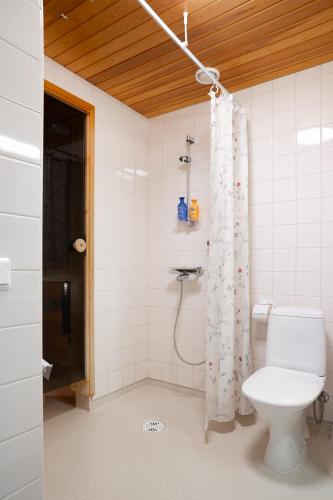 a bathroom with a toilet and a shower curtain at Central Studio 33m2 Sauna Wifi Parkkipaikka in Kuusamo