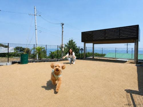a woman and a dog running in a park at ピッコラ カーサ コリーナ 愛犬と泊まれる貸別荘 in Awaji