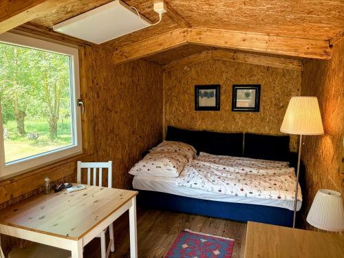 a bedroom with a bed and a table and a window at Sonnenhof Uckermark in Lübbenow