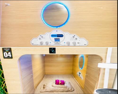 two pictures of a toy room with a scale at Paradise Pods in Gold Coast