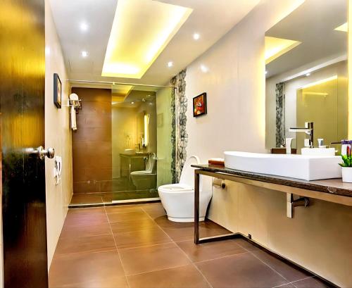 a bathroom with a sink and a toilet at D'more Dhaka Hotel & Resort in Dhaka