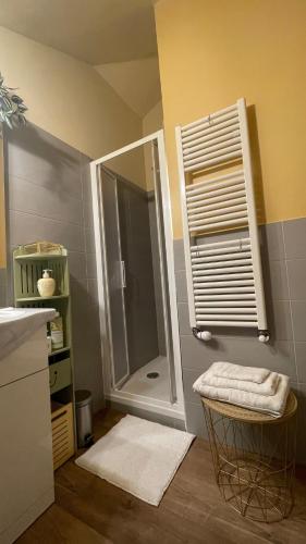 a bathroom with a shower and a mirror at Il Nido Colorato in Settimo Torinese