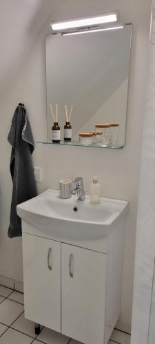 a white bathroom with a sink and a mirror at Elleholm in Odense