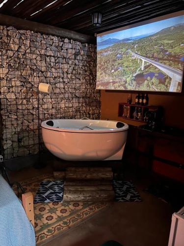 a bathroom with a tv and a bath tub at Chalé Medieval in Brumadinho