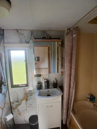 a small bathroom with a sink and a window at DanowskieCamp in Danowskie