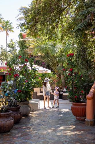 a woman and a child walking through a garden at Collection O Casa Bella Hotel Boutique, Cabo San Lucas in Cabo San Lucas