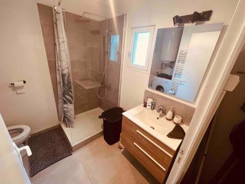 a bathroom with a shower and a sink and a mirror at Le Ch'ti Cambrai,Élégant, Centre ville in Cambrai