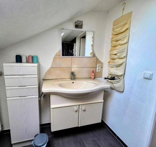 a bathroom with a sink and a mirror at Ferienwohnung Pickenhan in Scheidegg