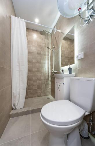 a bathroom with a white toilet and a shower at Видові Апарти на Озеро поруч з метро Позняки Харківська Ревуцького in Kyiv