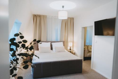a bedroom with a bed with white sheets and a tv at Villa Weisser Berg in Neuwied