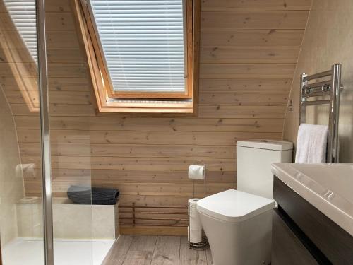 a bathroom with a toilet and a sink and a window at Squirrel Glamping Pod in Leighton