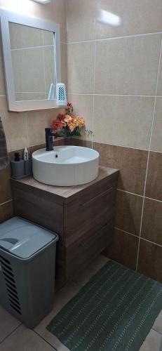 a bathroom with a sink and a toilet and a mirror at À la brise marine in Saint-Benoît