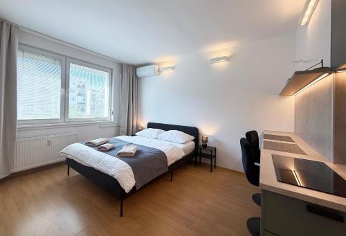 a bedroom with a bed in a room with a window at Cozy Emerald Studio Bratislava in Bratislava