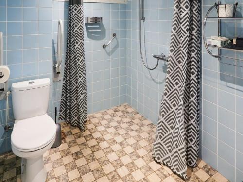 a bathroom with a toilet and a shower with blue tiles at Ruim sfeervol appartement naast wijndomein in Vijlen, Zuid-Limburg in Vijlen