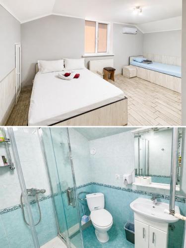a bedroom with a bed and a bathroom with a shower at Hotel Dulgher in Giurgiuleşti