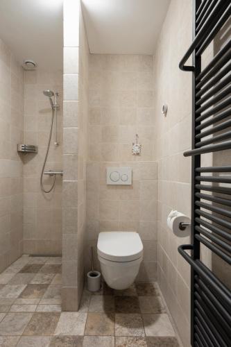 a bathroom with a toilet and a shower at Appartement met panorama-uitzicht op het Geuldal, terras, Vijlen in Vijlen