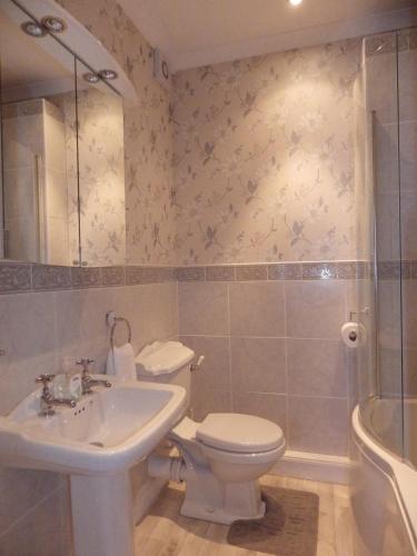 a bathroom with a toilet and a sink and a shower at The Central Guesthouse in Kelso