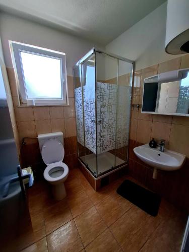a bathroom with a shower and a toilet and a sink at Villa Andale Suites in Tkon