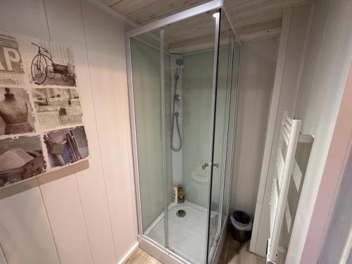 a bathroom with a shower with a glass shower stall at CozyCocoon Appartement in Parcey