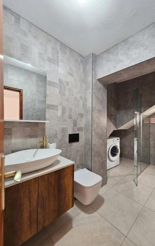 a bathroom with a sink toilet and a washing machine at Alpha Casa in Bar