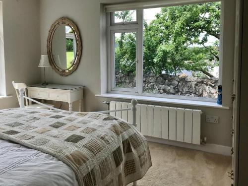 a bedroom with a bed and a mirror and a window at Phoenix Cottage in Kippford