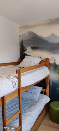 four bunk beds in a room with a mountain mural at Gîte fabuleux, jardin, terrasse, parking in Saint-Vincent-de-Mercuze