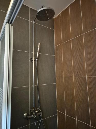a shower with a shower head in a bathroom at Le Ghirol - Tiny Houses & Nature in Quesnel
