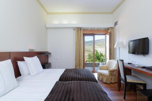 a hotel room with a bed and a desk and a television at Hotel Rural Quinta Do Pego in Tabuaço
