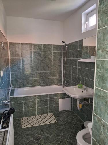 a bathroom with a tub and a sink and a toilet at Casa Vintage 27 in Râşnov
