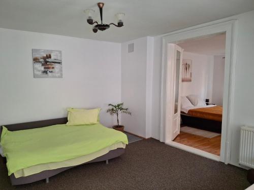 a bedroom with a green bed and a mirror at Casa Vintage 27 in Râşnov
